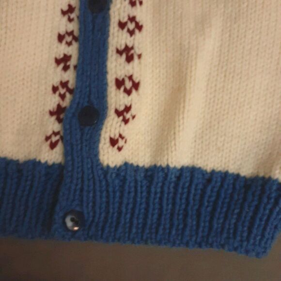 Hand Knitted  Cardigan Child Sweater Blue Maroon White Pattern Hand Handmade M L - Picture 8 of 8